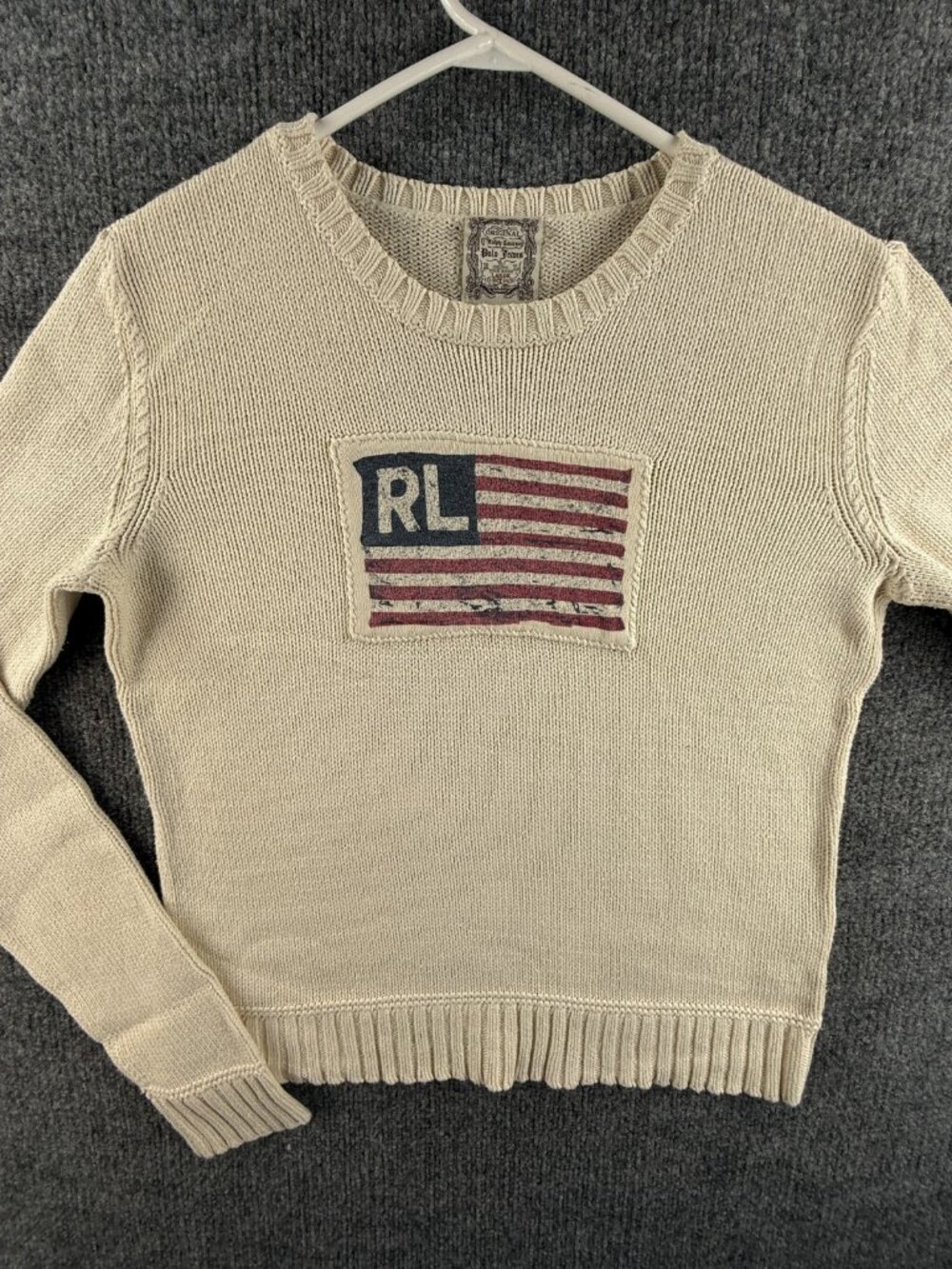 Polo Jeans Ralph Lauren Flag Sweater Beige Pullover Large Knit RL Logo Cotton